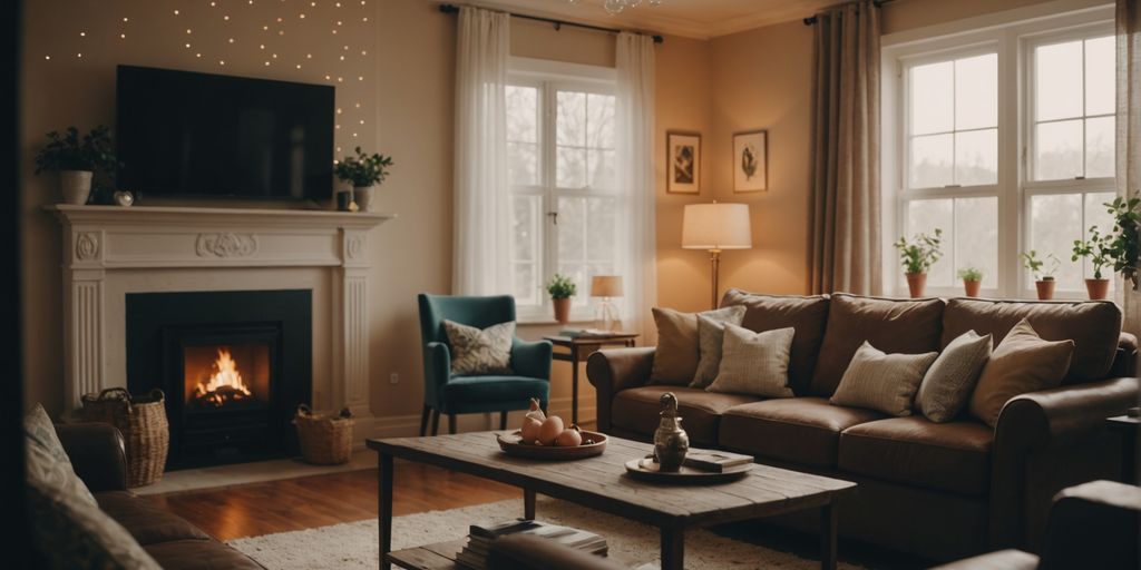 Living room with eggshell-painted walls and warm lighting.
