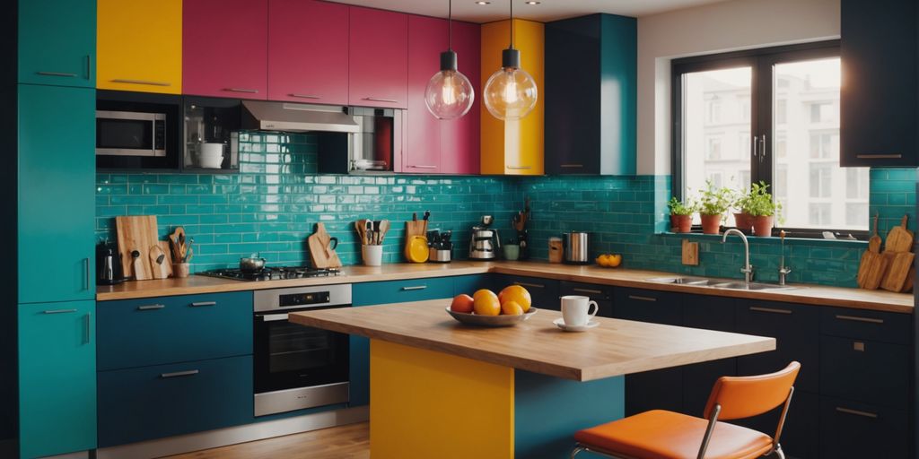 Modern kitchen with vibrant paint colors and decor.