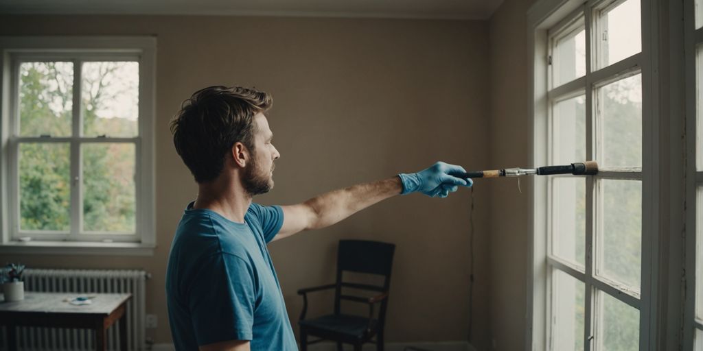 Individual painting a room's wall with a roller brush.