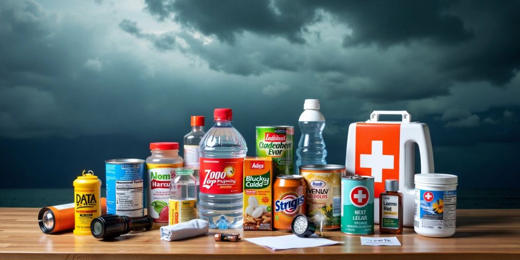 Hurricane preparedness supplies on a wooden table.