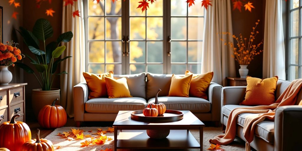 Cozy living room decorated for fall with pumpkins and leaves.