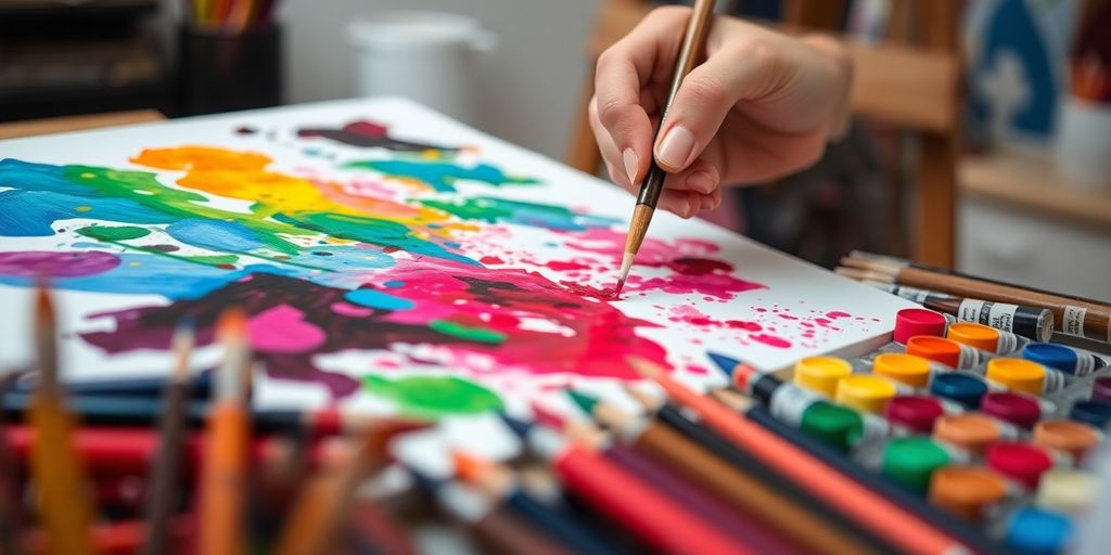Painter applying vibrant paint to a canvas.
