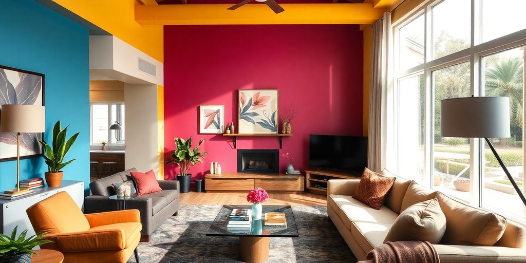 Modern living room with colorful walls and stylish decor.