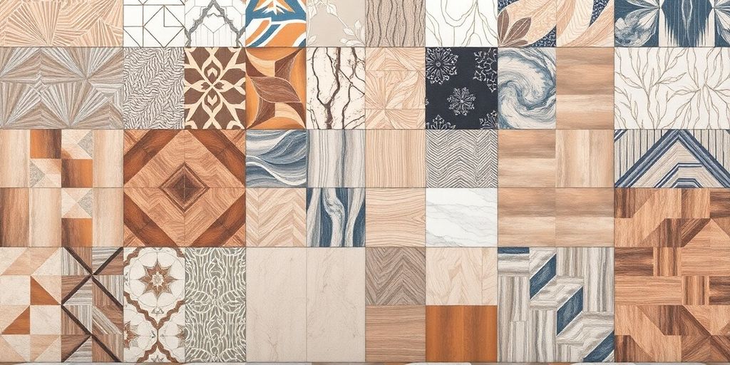 Colorful tiles with geometric patterns and textures.