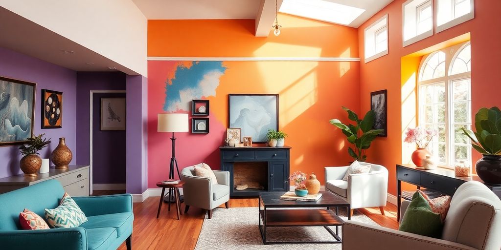 Colorful interior room with stylish furniture and decor.