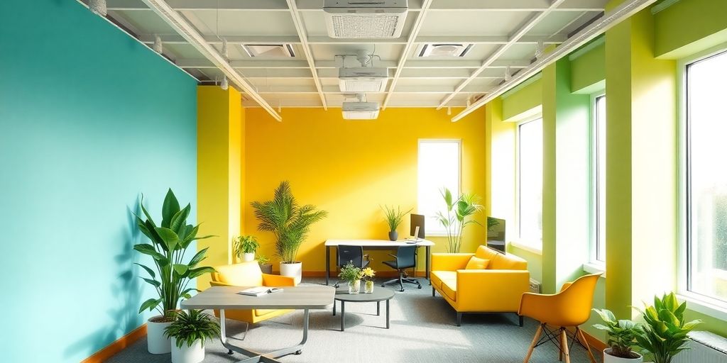 Bright office with colorful walls and modern decor.