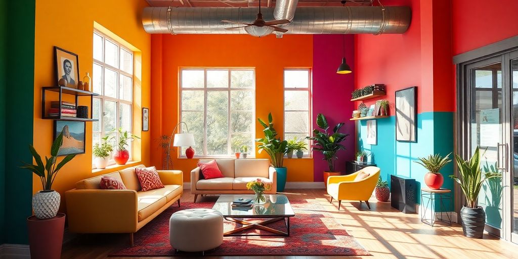 Colorful room interior with stylish furniture and decor.