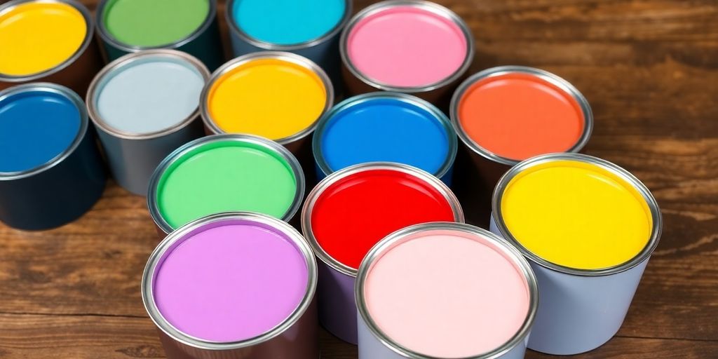 Colorful paint cans for affordable wall painting options.