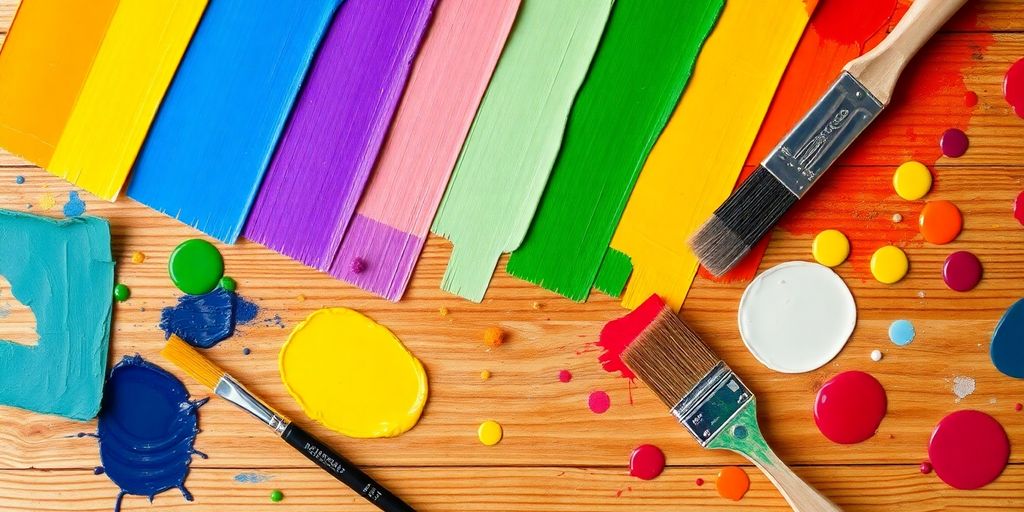 Colorful paint swatches and brushes on a wooden table.