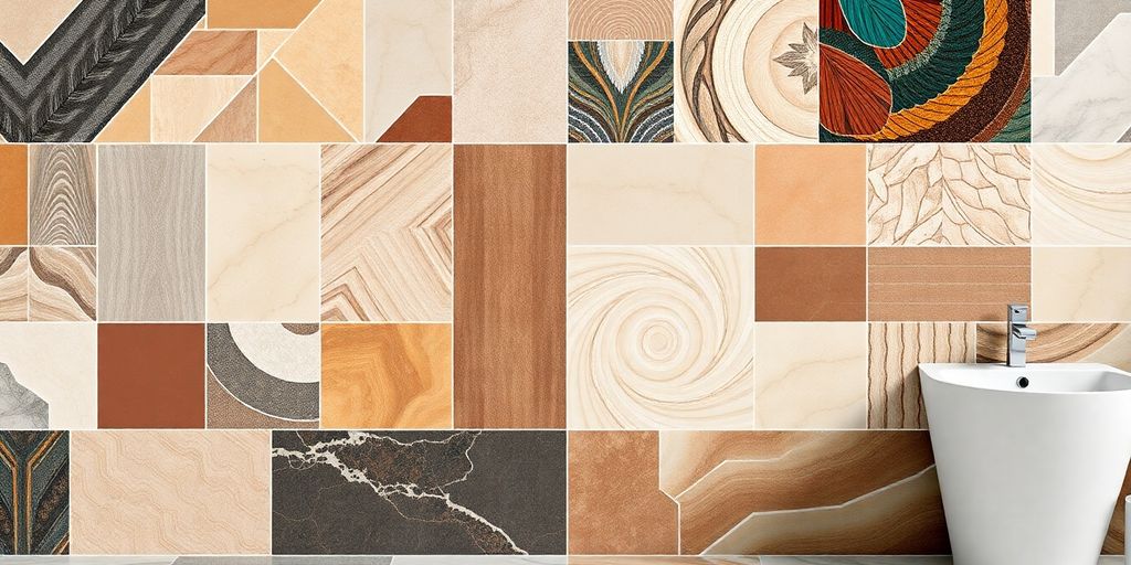 Colorful bathroom tiles in trendy designs and textures.