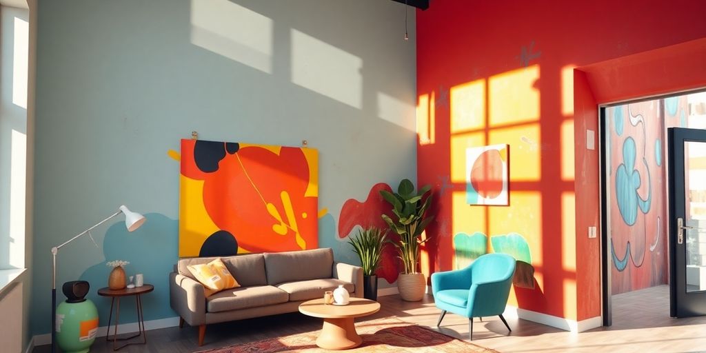 Vibrant room with colorful wall paintings and decor.