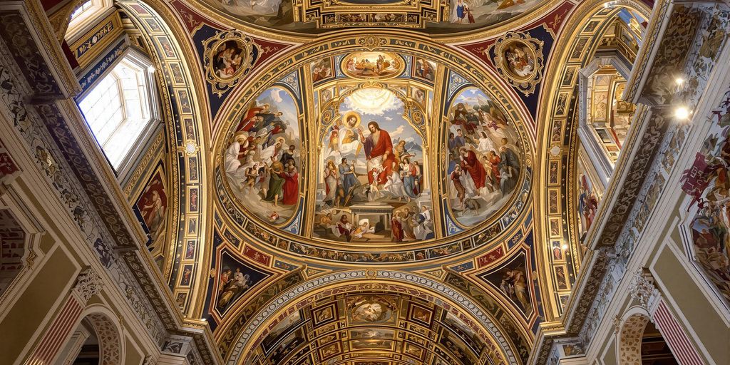 Sistine Chapel ceiling with detailed biblical frescoes.