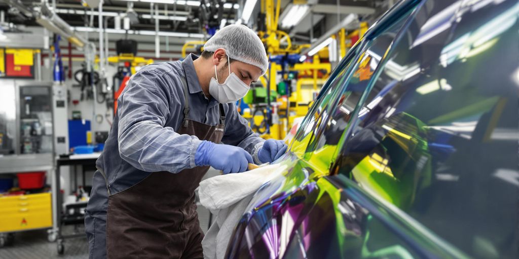Professional painter working on a colorful car in workshop.
