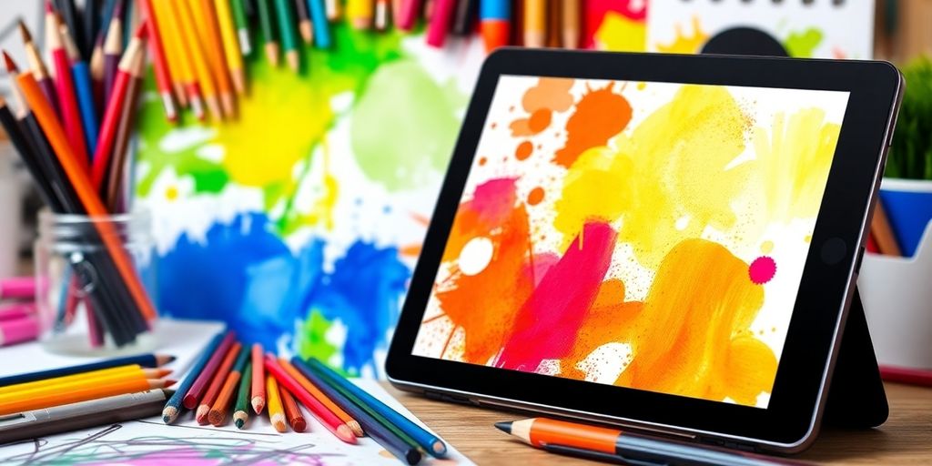 Colorful drawing tools and a digital tablet on a desk.