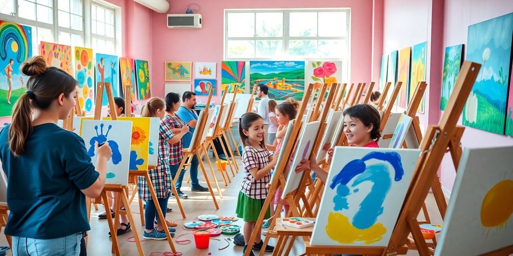 Artists painting in a bright and colorful art studio.