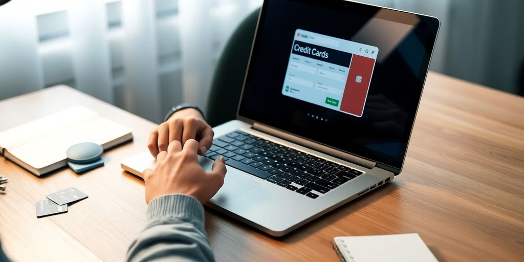 Person using laptop for credit card login at home.