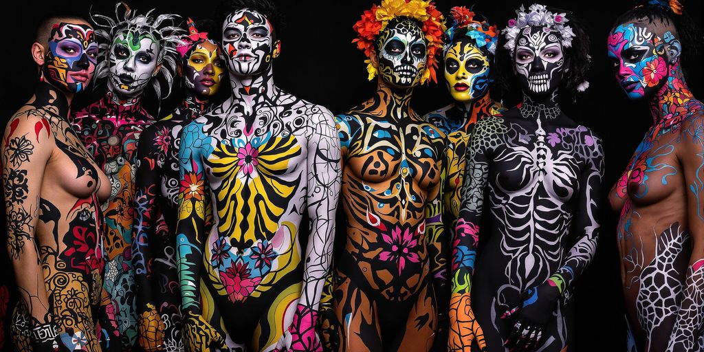 Colorful body paintings on diverse models in artistic poses.