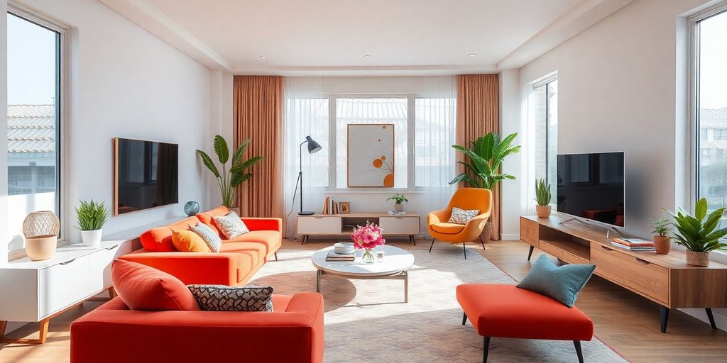 Modern living room with vibrant colors and minimalist design.