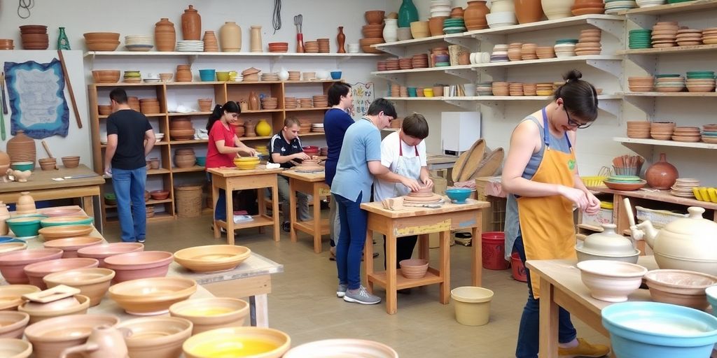 Colorful pottery studio with artists working on clay.