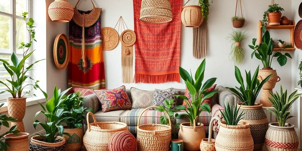 Colorful boho decor with plants and textiles in a room.