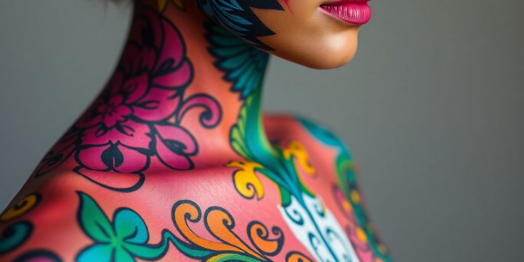 Vibrant body painting on a model's skin.