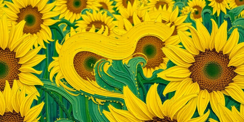 Close-up of Van Gogh's colorful sunflower painting.