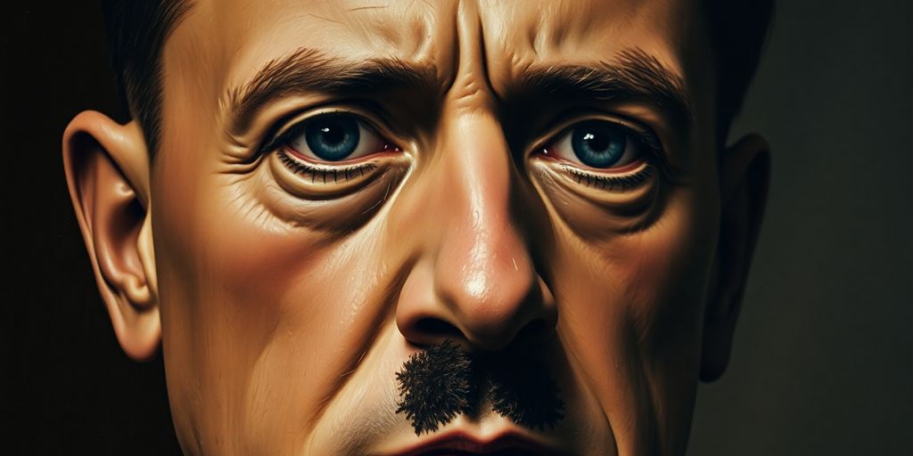 Close-up of a controversial painting of Hitler.