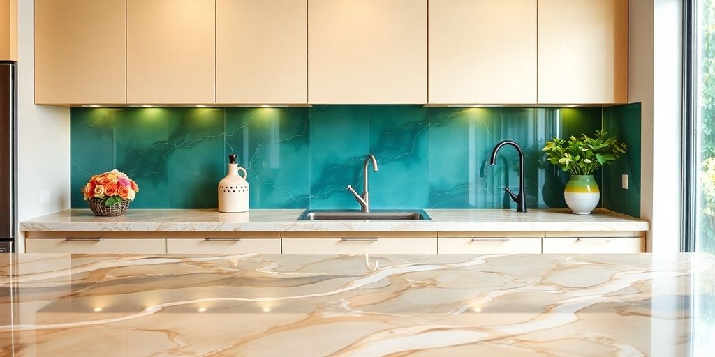 Colorful painted countertop in a modern kitchen setting.