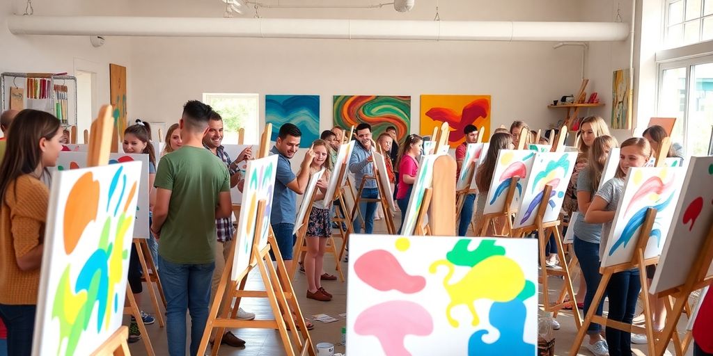 Colorful art studio with people painting on easels.