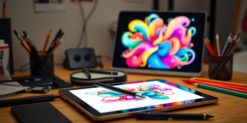 Artistic workspace with tablet and colorful digital artwork.