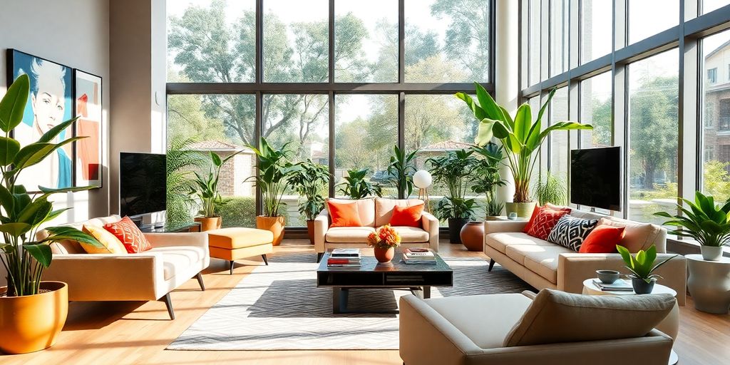 Modern living room with sleek furniture and vibrant decor.