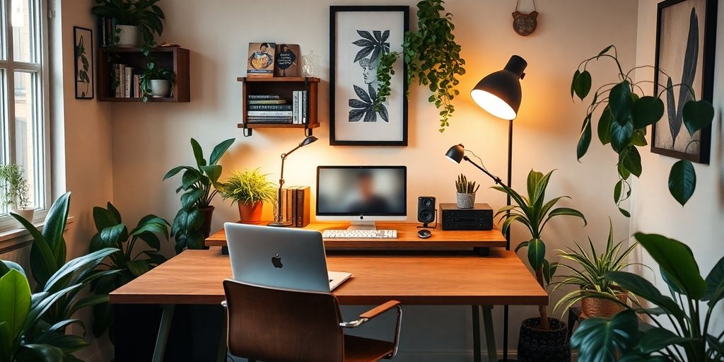 Cozy home workspace with desk, plants, and warm lighting.