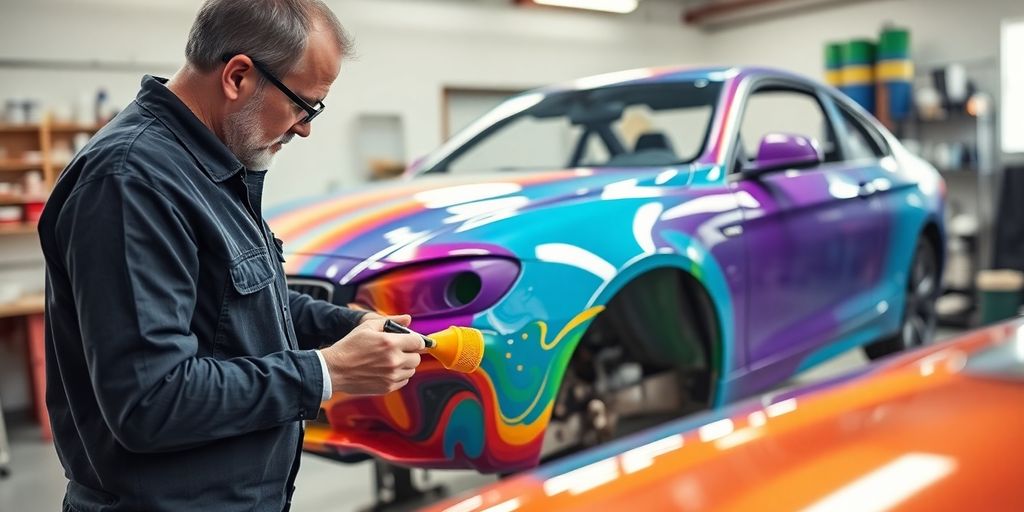 Auto painter working on a colorful car in workshop.