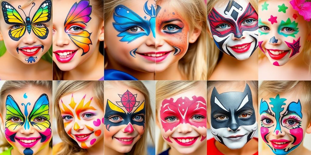 Colorful face painting designs for various festive occasions.
