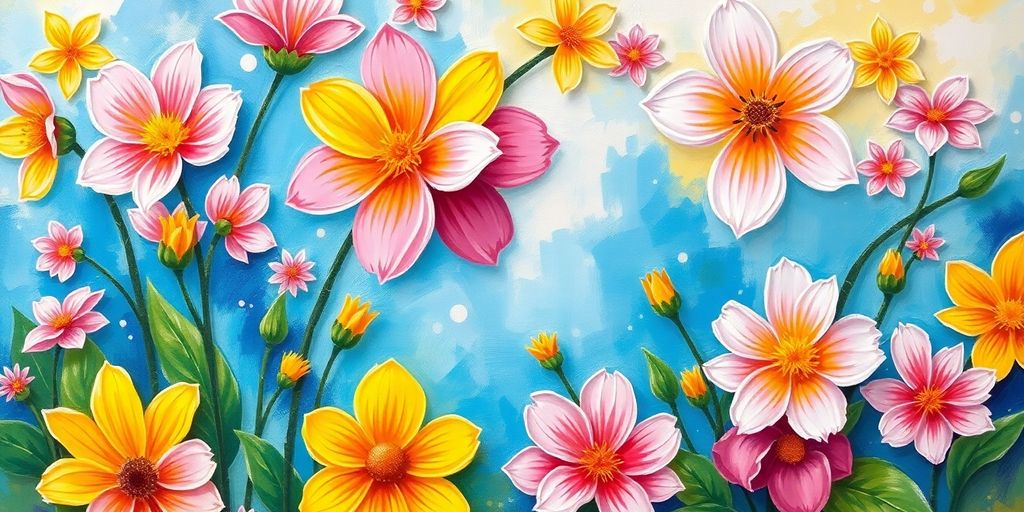 Colorful spring painting with flowers and a bright canvas.