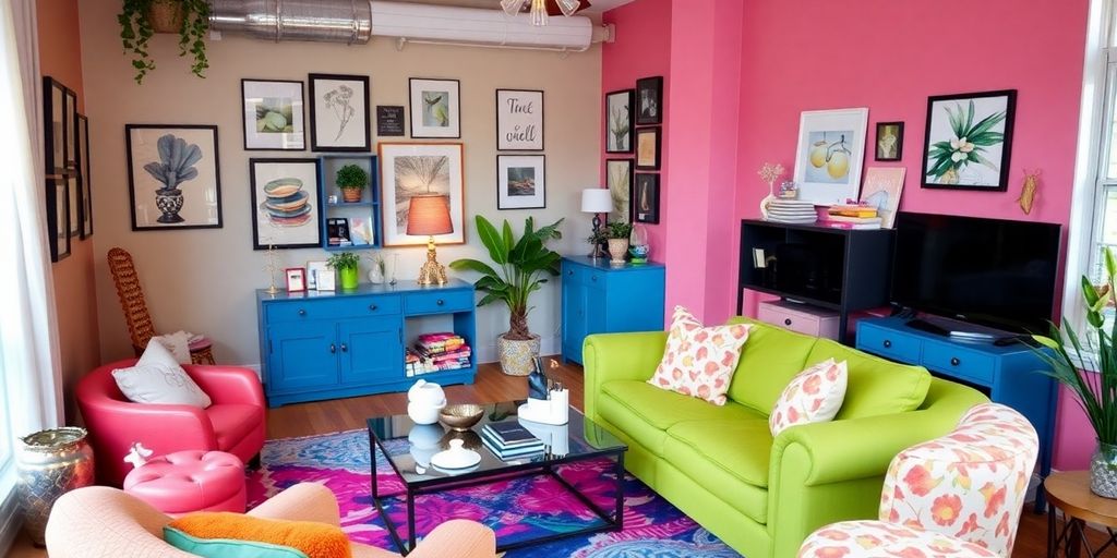Stylish room with vibrant colors and unique decor elements.