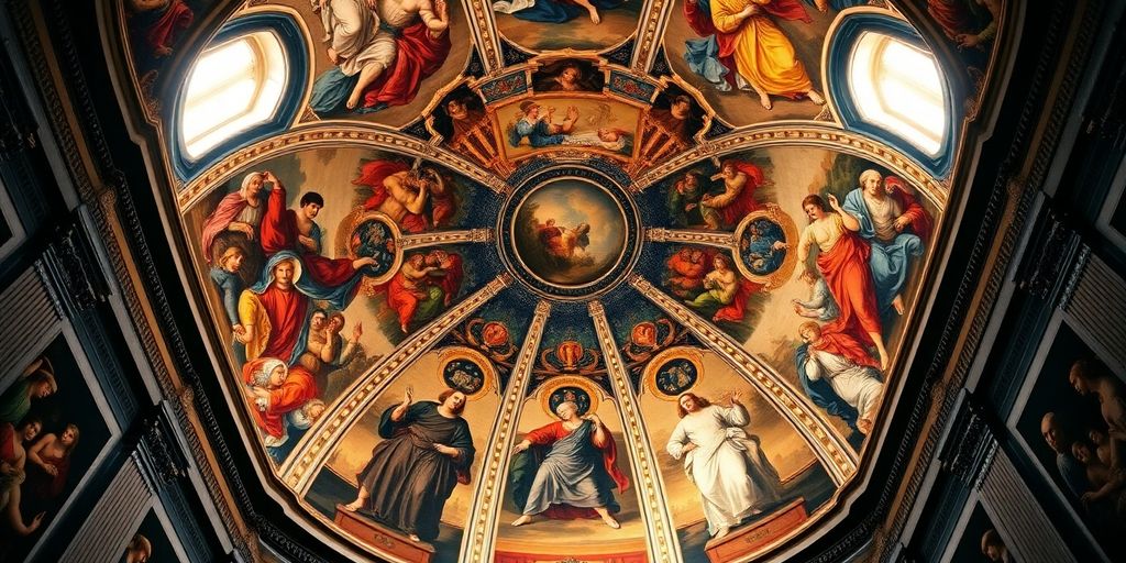 Frescoes of the Sistine Chapel ceiling in vibrant colors.