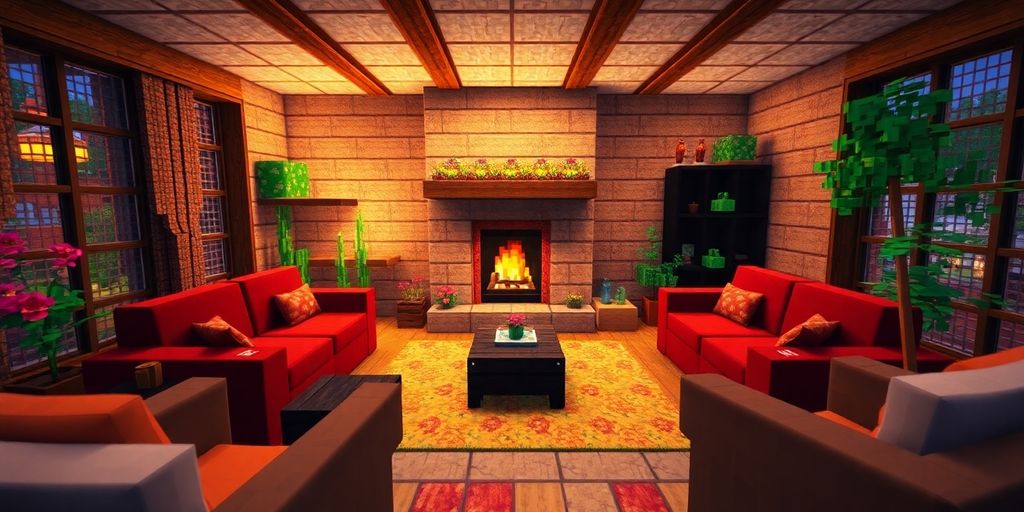 Cozy Minecraft living room with fireplace and comfy furniture.