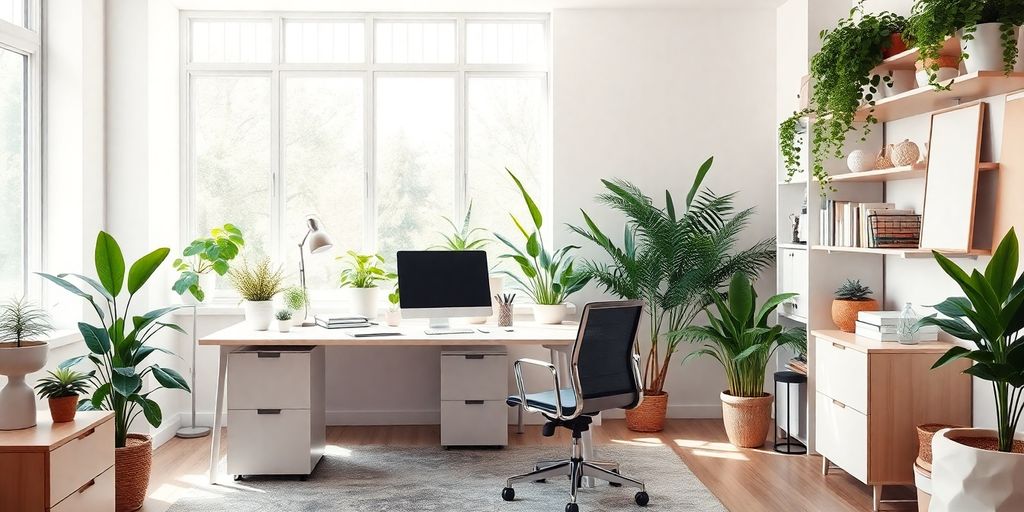 Modern home office with ergonomic furniture and vibrant decor.