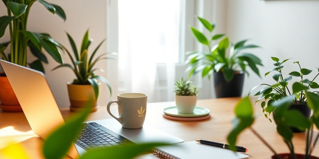 Cozy home office with laptop and coffee cup.
