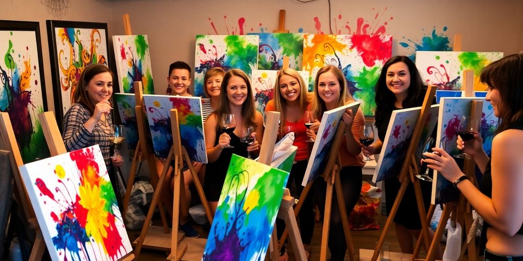 Friends painting with wine glasses in a creative studio.