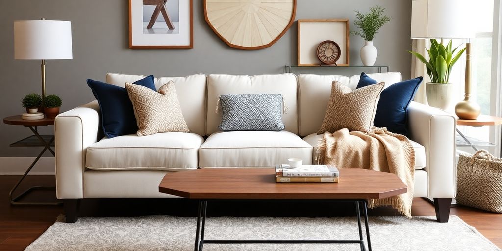 Stylish Crate and Barrel couch in a modern living room.