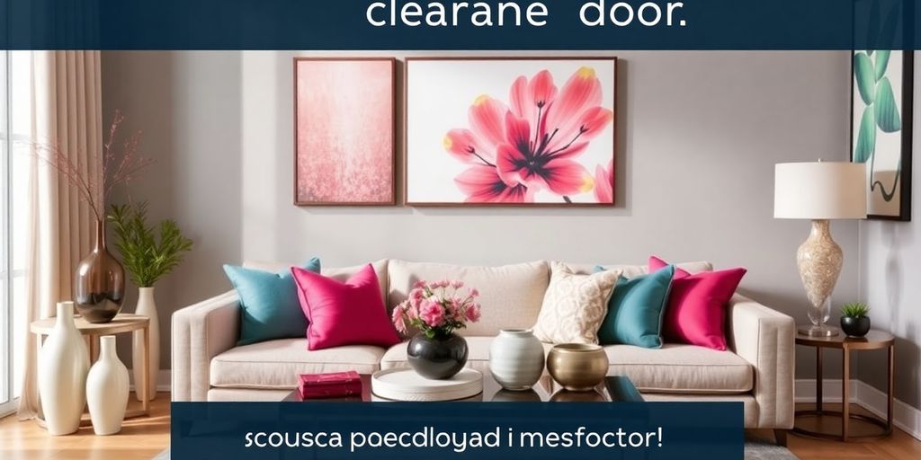 Living room with stylish clearance home decor items.