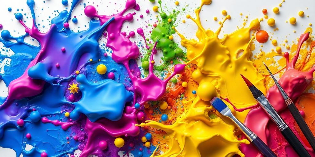 Colorful 3D paint splashes and artistic tools on canvas.