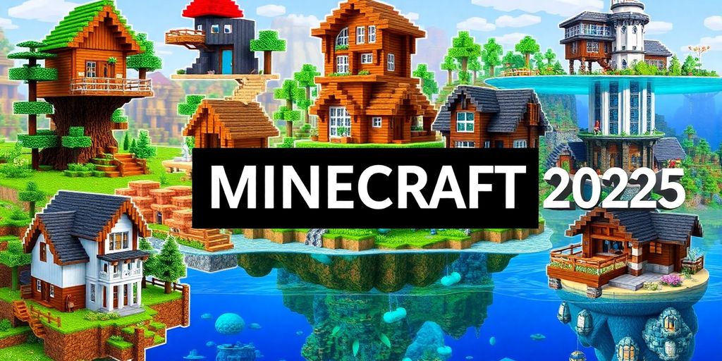 Collage of unique Minecraft house designs and landscapes.