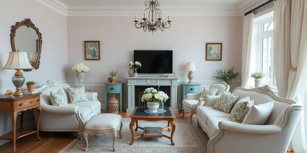 Cozy shabby chic living room with vintage decor and pastel colors.