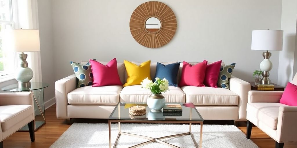 Modern living room with Crate and Barrel couch and decor.