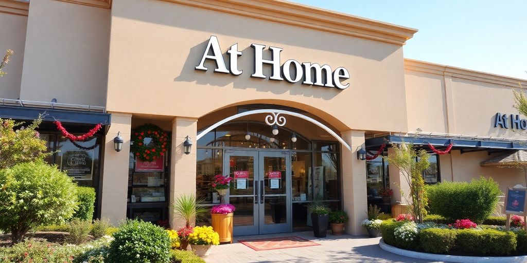 At Home store entrance with vibrant outdoor displays.
