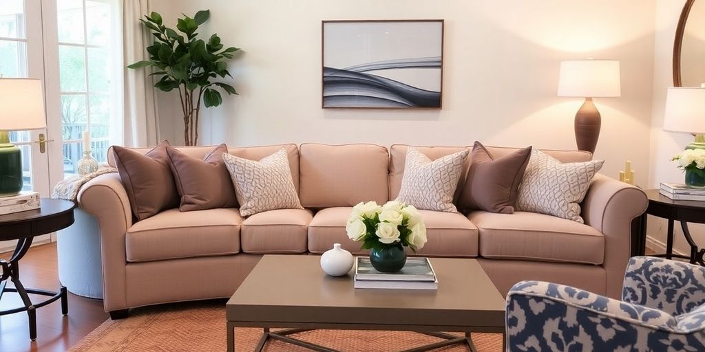 Cozy Pottery Barn couch in a stylish living room setting.