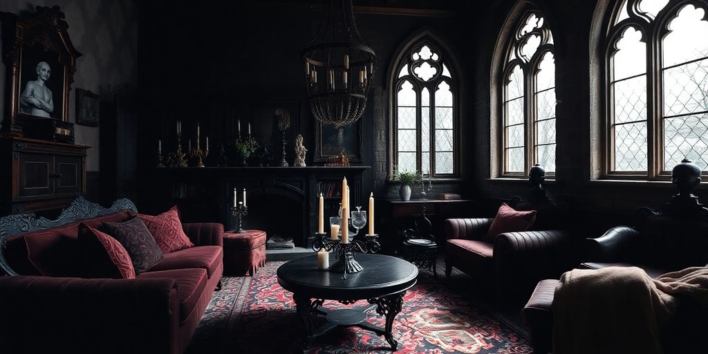 Gothic decor with dark furniture and ornate candle holders.